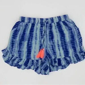 Dizzy Lizzy Women’s Blue Tie Dye Ruffled Shorts Orange Tassels Boho Fun M NWOT